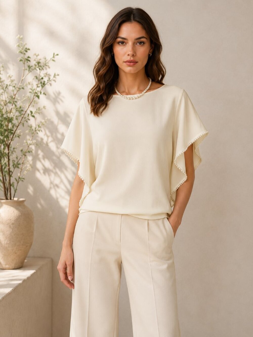 Leo & Ugo Paris Ivory Pearl Trim Knit Top Flutter Sleeve French Blouse